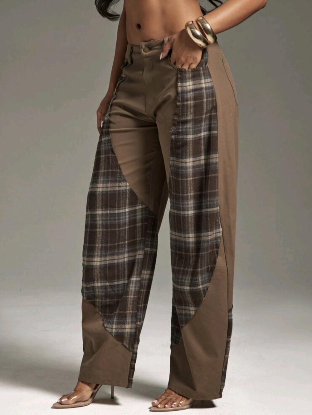 Plaid Detail Patchwork Wide Leg Pants Fashionable Bottoms Outfits Streetwear - Picture 4 of 5